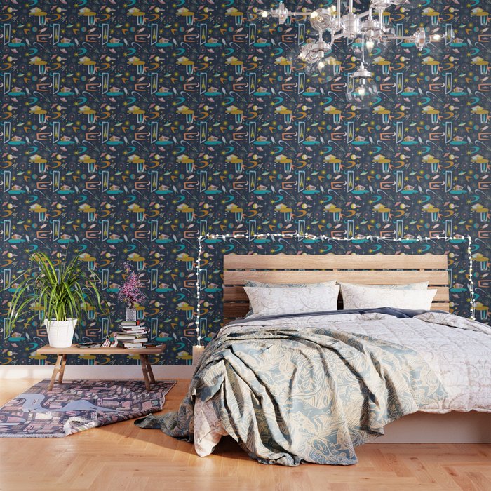 Mid Century Architecture in Space - Retro design in pastels on Navy by Cecca Designs Wallpaper