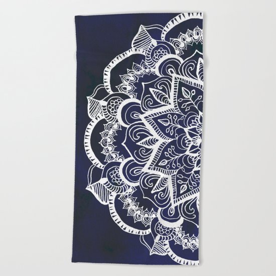 White Feather Mandala on Navy Beach Towel