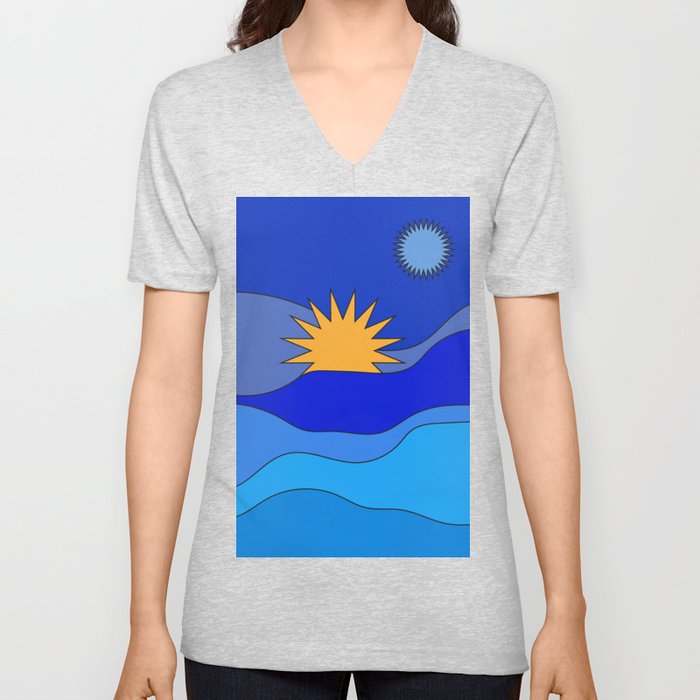 BLUE Sun V Neck T Shirt