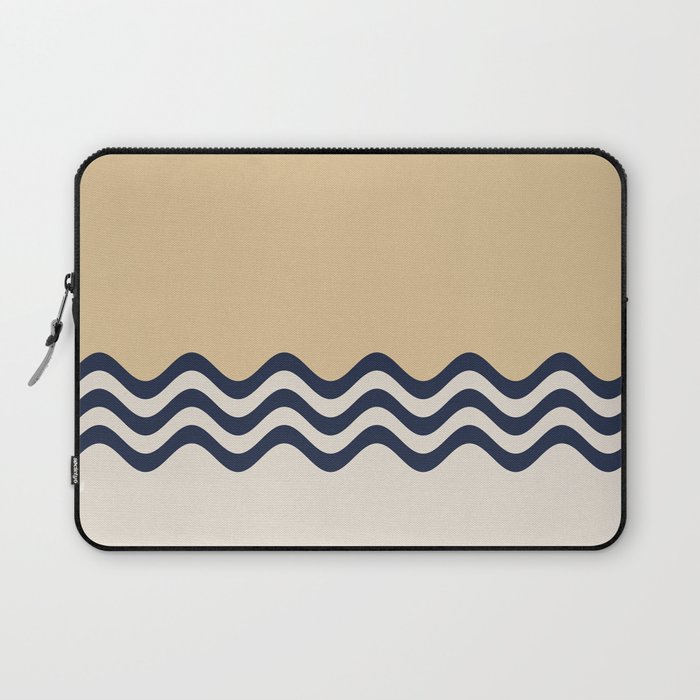 Beige Cream and Navy Blue Triple Wavy Horizontal Stripe Pattern Laptop Sleeve