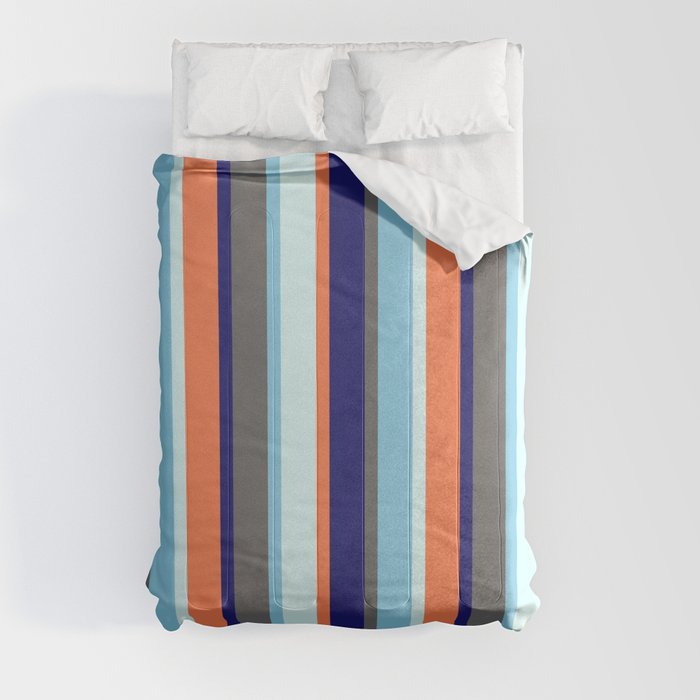 Colorful Dim Gray, Sky Blue, Light Cyan, Coral & Midnight Blue Colored Lined/Striped Pattern Comforter