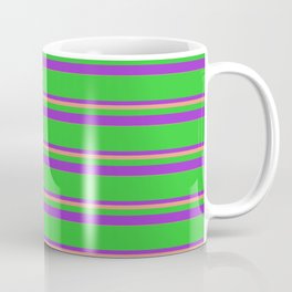 [ Thumbnail: Lime Green, Dark Orchid, and Dark Salmon Colored Lines/Stripes Pattern Coffee Mug ]