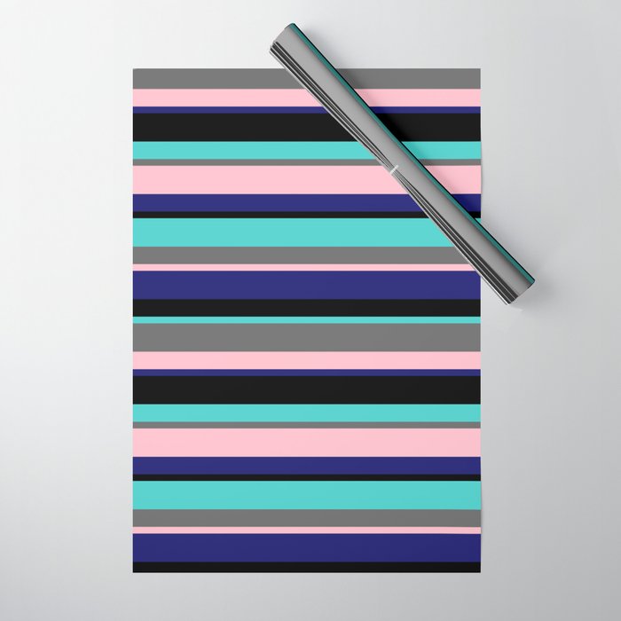 Colorful Black, Turquoise, Dim Grey, Pink & Midnight Blue Colored Lines Pattern Wrapping Paper
