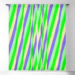 [ Thumbnail: Lime, Pale Goldenrod, Medium Slate Blue, and Green Colored Lined/Striped Pattern Blackout Curtain ]