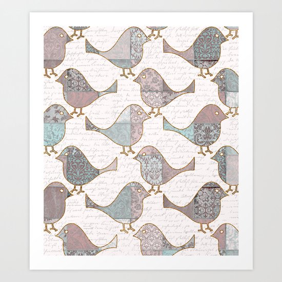 Vintage Patchwork Birds handwriting pastel pattern Art Print
