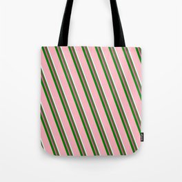 [ Thumbnail: Eyecatching Light Pink, Light Cyan, Dark Olive Green, Hot Pink & Green Colored Striped Pattern Tote Bag ]