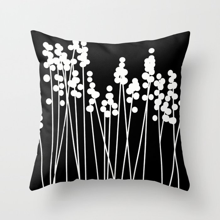 Hello Spring! White Retro Plants on Black- Black and White Version #decor #society6 #buyart Throw Pillow