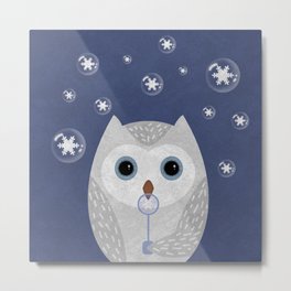 Christmas Owl Blue Marble Metal Print