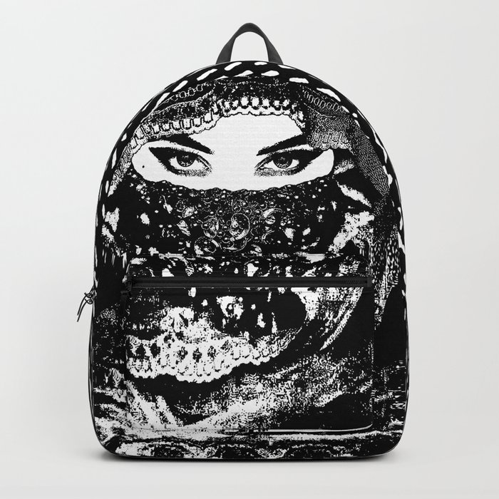 Exotic-eyed Mystery Lady (series) - Close-up of the Beautiful Eyes of a Young Woman Wearing a Bridal Hijab - Aesthetic Woman Portrait - Monochrome - Amazing Black and White Ink painting - Backpack