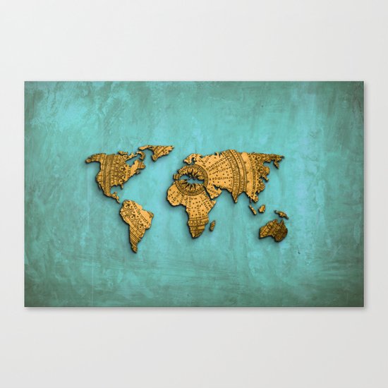 Vintage World Map on Jade Dragon Teal Canvas Print
