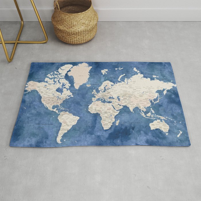 Light brown and blue watercolor detailed world map Rug