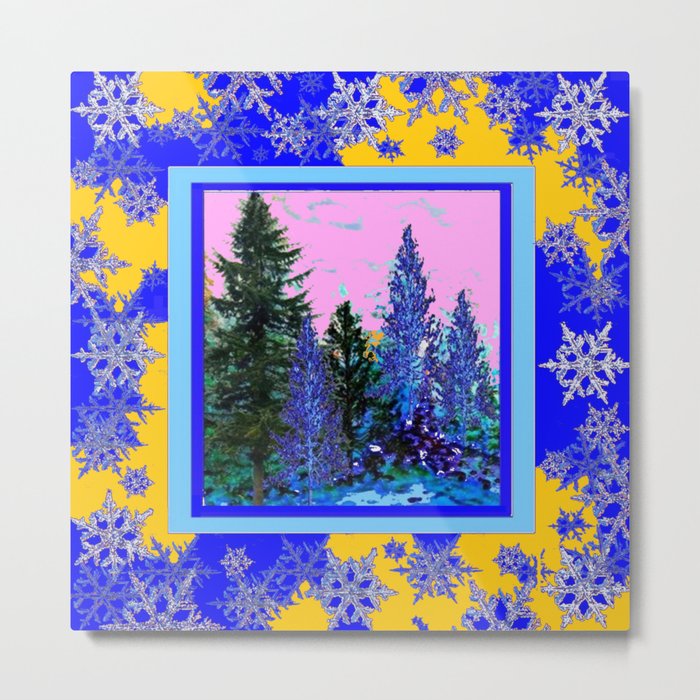 YELLOW-BLUE WINTER SNOWFLAKES  FOREST TREE  ART Metal Print