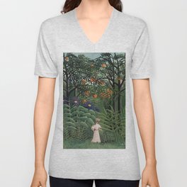 Woman Walking in an Exotic Forest V Neck T Shirt
