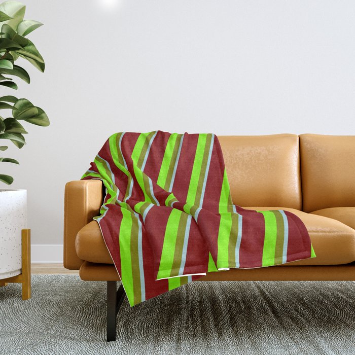 Maroon, Chartreuse, Green & Powder Blue Colored Striped/Lined Pattern Throw Blanket