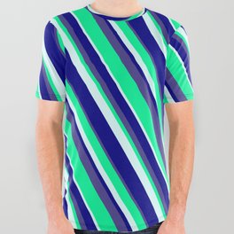 [ Thumbnail: Green, Light Cyan, Blue & Dark Slate Blue Colored Lines/Stripes Pattern All Over Graphic Tee ]