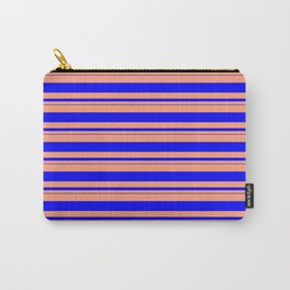 [ Thumbnail: Light Salmon & Blue Colored Lined/Striped Pattern Carry-All Pouch ]