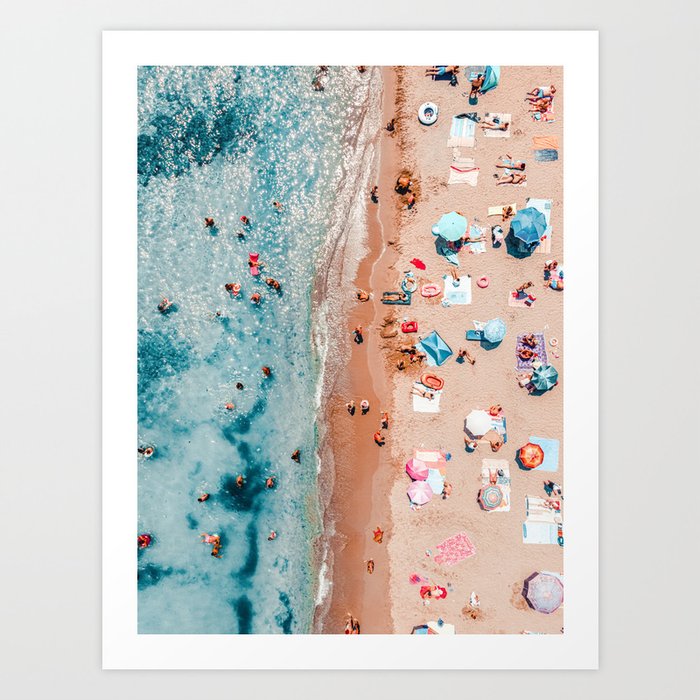 Summer Beach Umbrellas, Aerial Beach Pastel Print, Ocean Waves Coastal Art Print, Round Umbrella Vibes Art Print