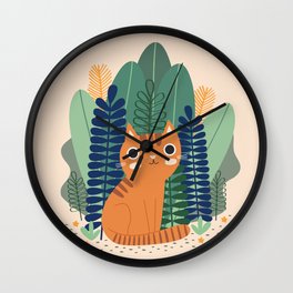 Orange Garden Cat Wall Clock | Digital, Catlovers, Nursery, Cute, Leafs, Pet, Outdoors, Characterdesign, Plants, Drawing 