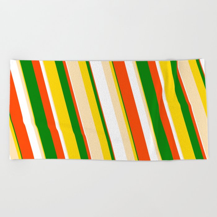 Eye-catching Yellow, Beige, White, Red & Green Colored Pattern of Stripes Beach Towel