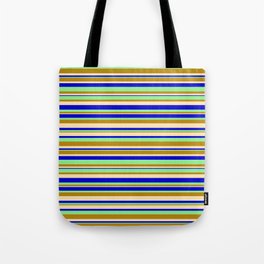 [ Thumbnail: Light Green, Dark Goldenrod, Beige, and Blue Colored Stripes/Lines Pattern Tote Bag ]