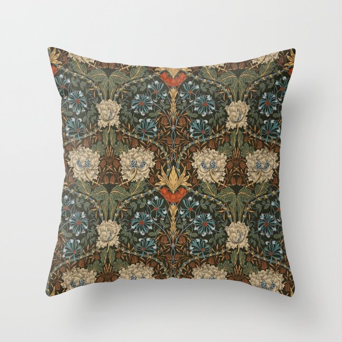 William Morris Honeysuckle and Tulip Forest Chestnut Pattern Throw Pillow