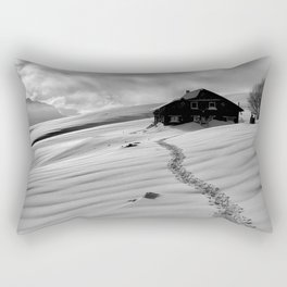 Snowcapped alpine mountain cottage - cabin winter landscape black and white photograph - photography - photographs Rectangular Pillow