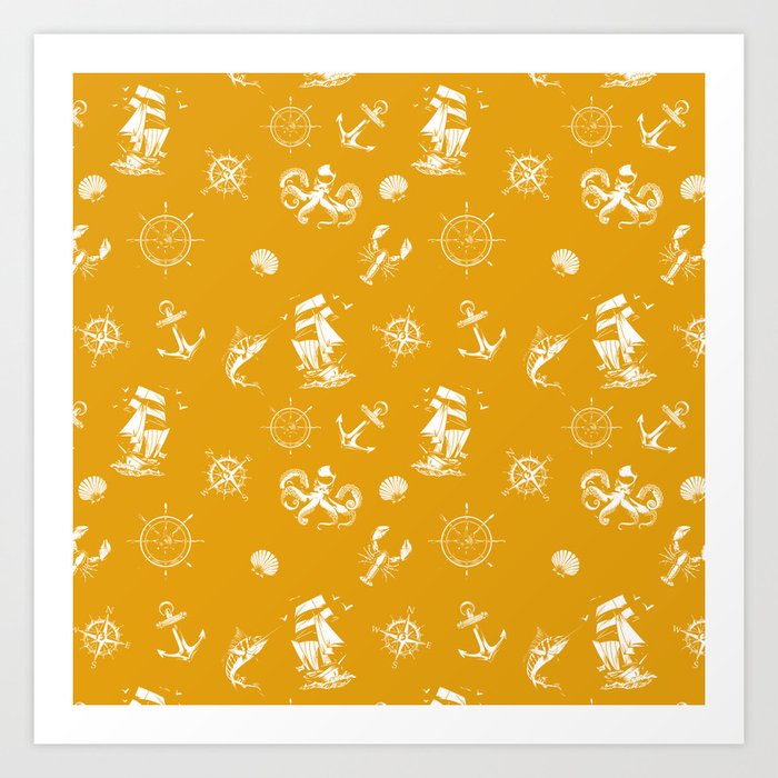 Mustard And White Silhouettes Of Vintage Nautical Pattern Art Print