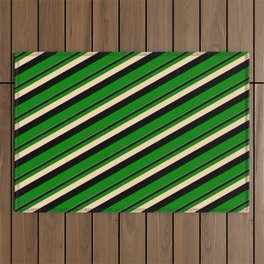 [ Thumbnail: Tan, Black & Green Colored Stripes/Lines Pattern Outdoor Rug ]