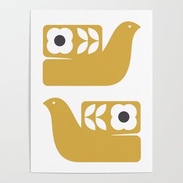 Scandinavian Birds // Yellow // Folk art birds // Mustard print // Mid Century birds Poster