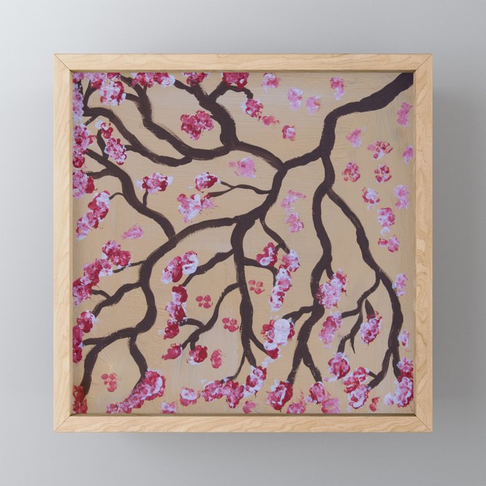 Pink cherry tree branch art on yellow background Framed Mini Art Print