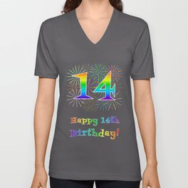 [ Thumbnail: 14th Birthday - Fun Rainbow Spectrum Gradient Pattern Text, Bursting Fireworks Inspired Background V Neck T Shirt V-Neck T-Shirt ]