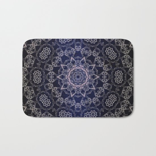 Glowing Nirvana Mandala On Deep Blue Textured Background Bath Mat