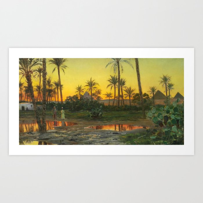 Egyptian Oasis, The Pyramids at Sunset landscape painting by Peder Mork Mønsted Art Print