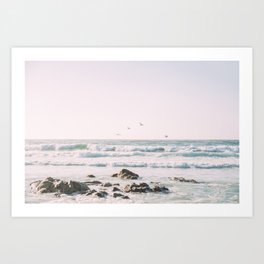 Pelicans at Sunset | Birds in Flight | Big Sur California Coast | Ocean Waves Landscape Photo Art Print