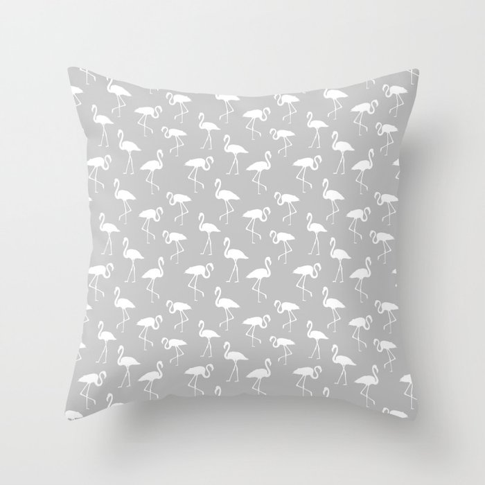 White flamingo silhouettes seamless pattern on light grey background Throw Pillow