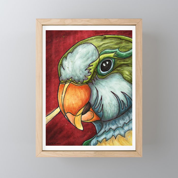 Bright quaker parrot portrait, cute monk parakeet painting Framed Mini Art Print