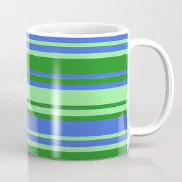 [ Thumbnail: Forest Green, Royal Blue & Light Green Colored Striped Pattern Coffee Mug ]