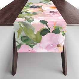 Floral Watercolor, Roses, Green and Pink Table Runner