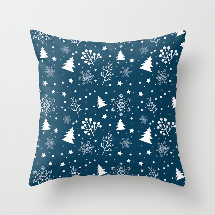 Christmas Tree And Snowflakes Blue Collection Throw Pillow