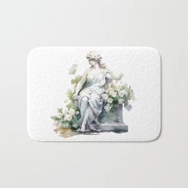 Female Goddess Statue in Garden with White Flowers Watercolor Bath Mat