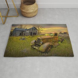 Abandoned Pickup Truck and Farm House at Sunset in a Rural Landscape Area & Throw Rug