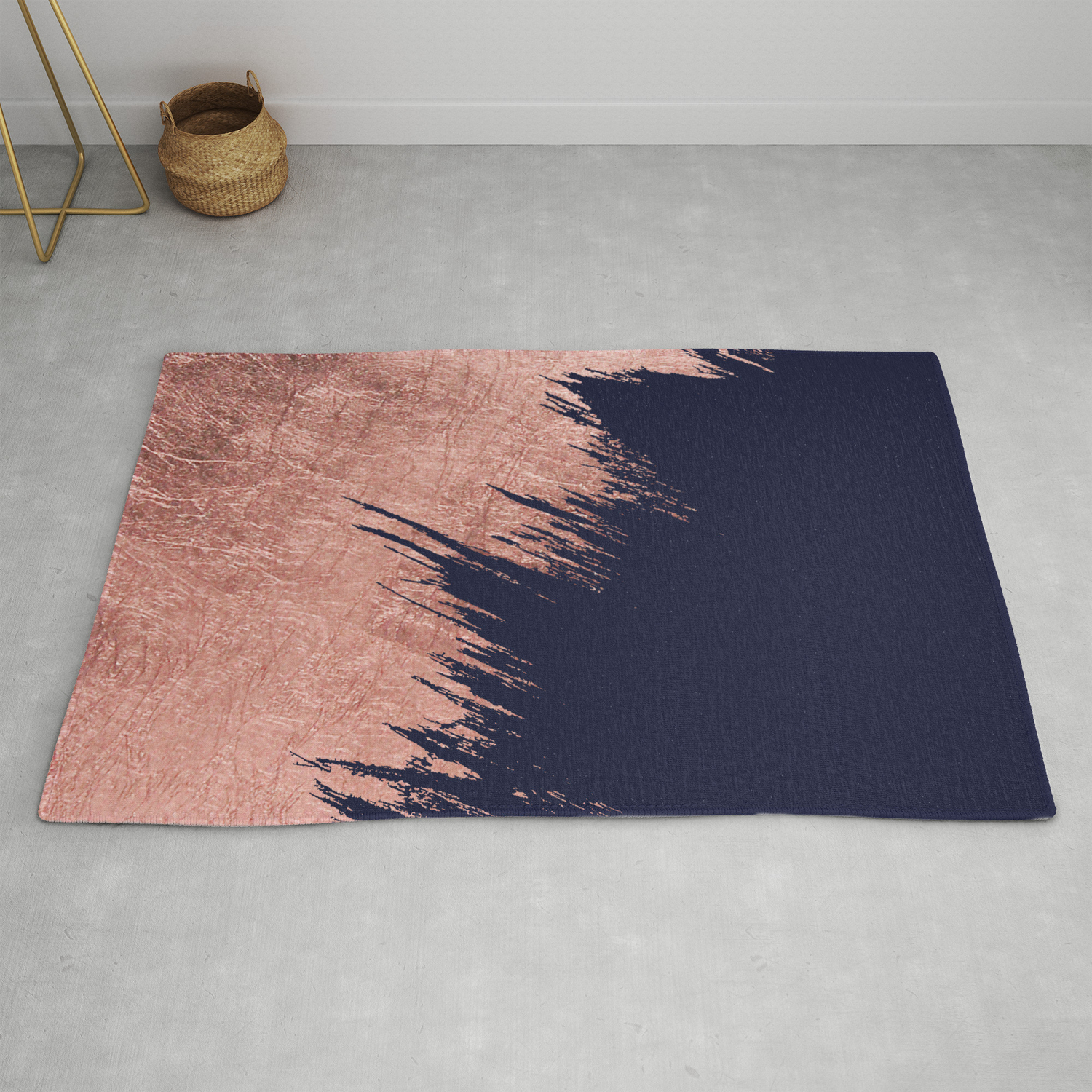 Navy Blue Abstract Faux Rose Gold Brushstrokes Rug By Pink Water