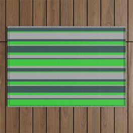 [ Thumbnail: Dark Slate Gray, Lime Green & Dark Gray Colored Stripes Pattern Outdoor Rug ]