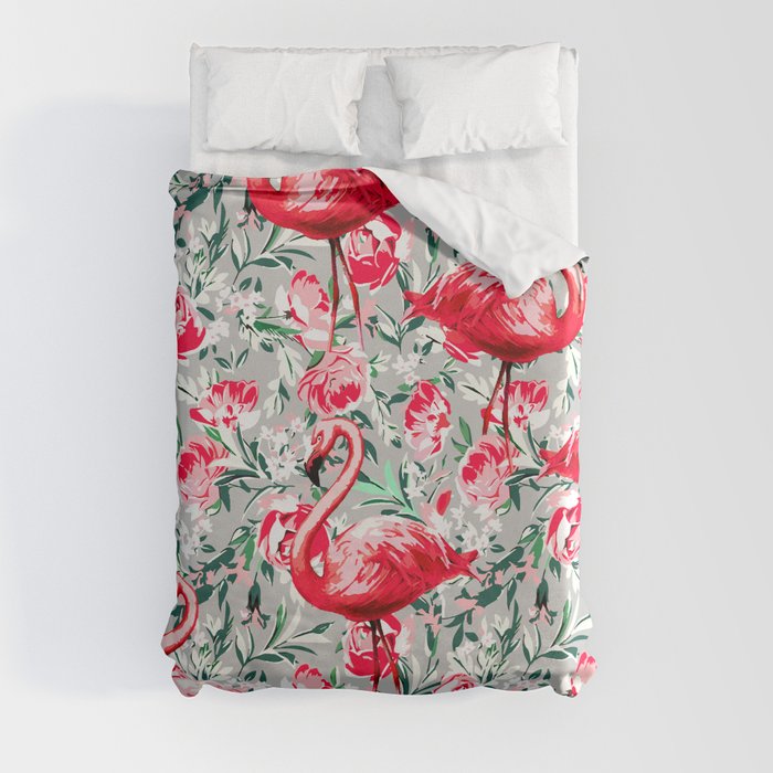 Flamingos and Flowers Duvet Cover