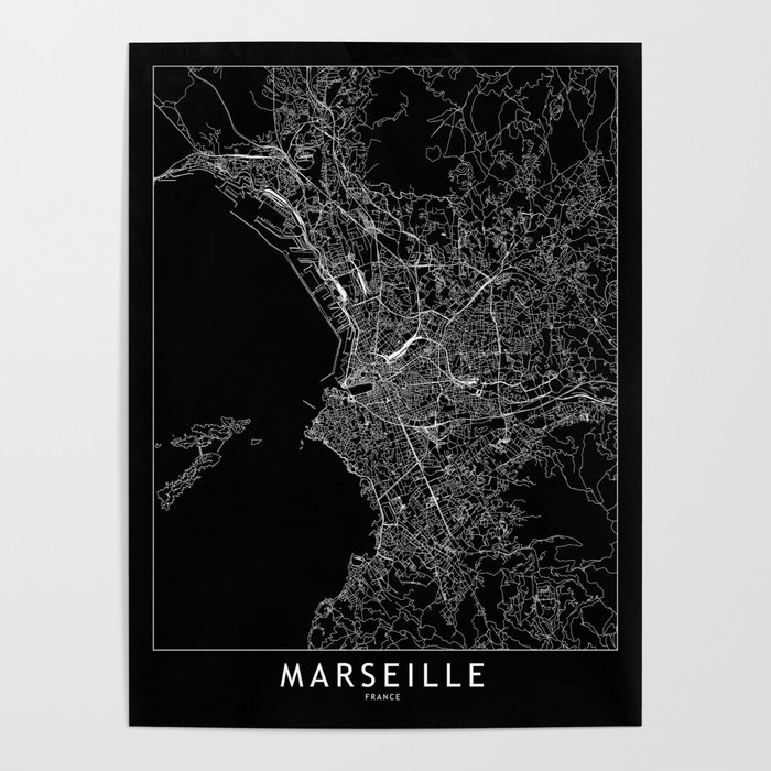 Marseille Black Map Poster