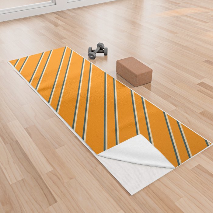 Dark Orange, Beige, and Dark Slate Gray Colored Striped Pattern Yoga Towel