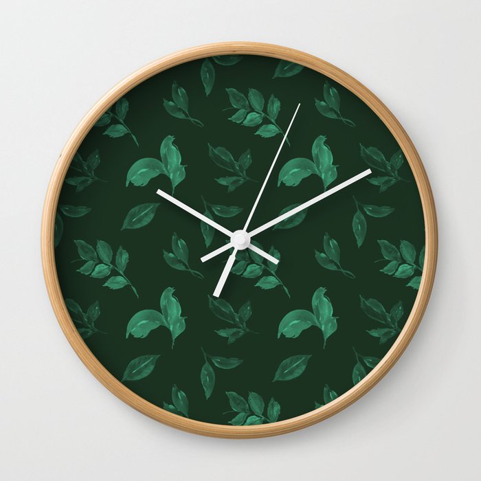 Dark forest green watercolor falling leaves pattern Wall Clock