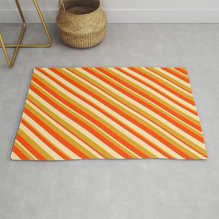 Red, Beige, and Goldenrod Colored Lined Pattern Rug