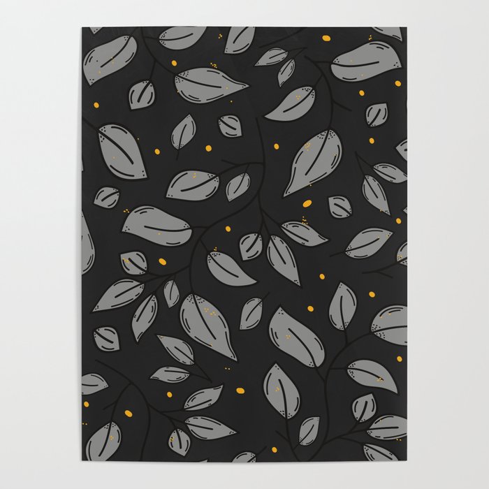 Luxurious grey and yellow leaves and dots pattern Poster