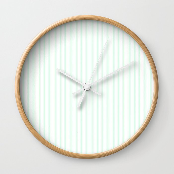 Summermint Pastel Green Matress Ticking on White Wall Clock